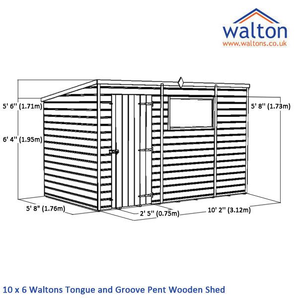 10 x 6 Waltons Tongue and Groove Pent Wooden Shed Visual Dimensions